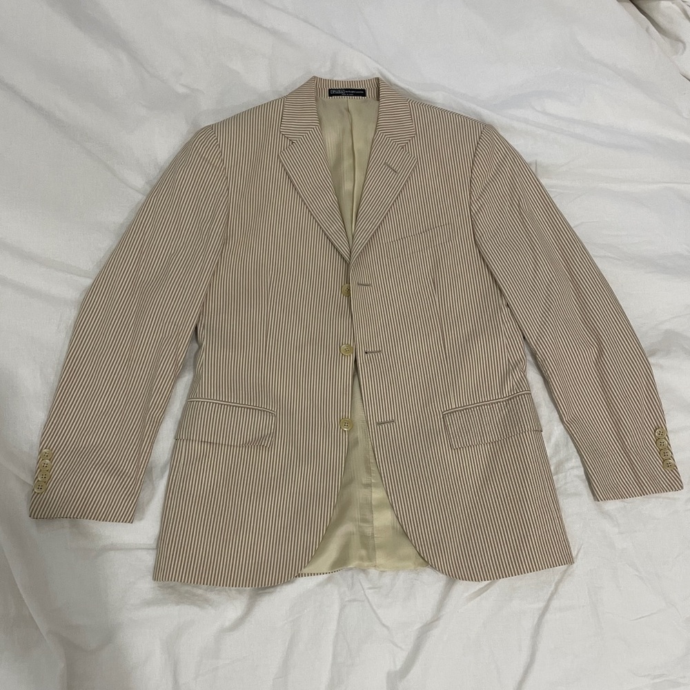 Vintage POLO by Ralph Lauren Tan Seersucker 2-Pc Suit Size 38R. Made in Italy.